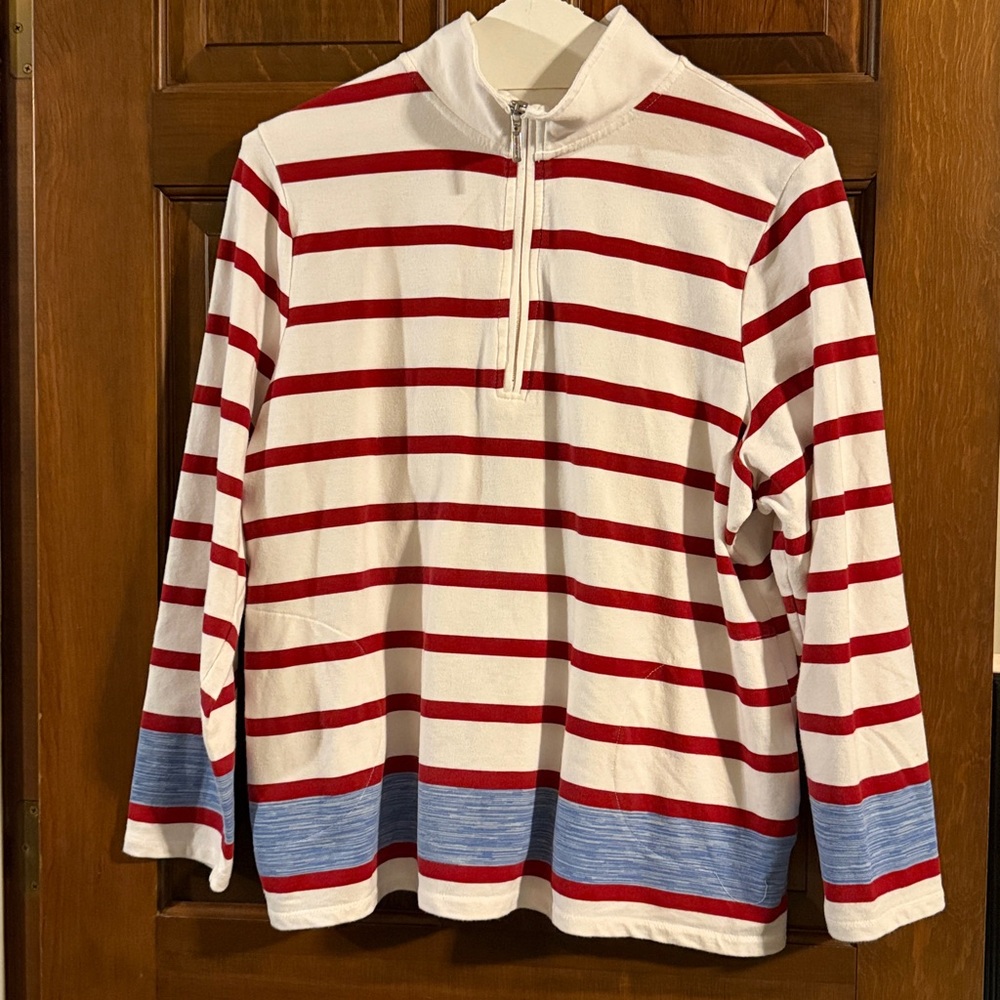 Denim & Co. Active Printed French Terry Pullover XL stripes, zip neck EUC